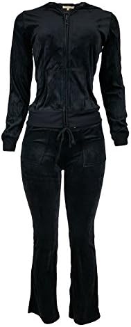Women's Lightweight Hoodie &amp; Sweatpants Velour Suit 2 Piece Loungewear Set (S-3XL) Large Black
