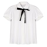 Etosell Lady Bowknot Baby Collar Short Sleeve OL Chiffon Button Shirt White (Large, White)