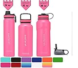 SUCFORST Water Bottle +2 Extra Lids- Vacuum Insulated Stainless Steel Wide Mouth Travel Mug - Powder Coated Double-Walled Flask, 32 oz (Pink)