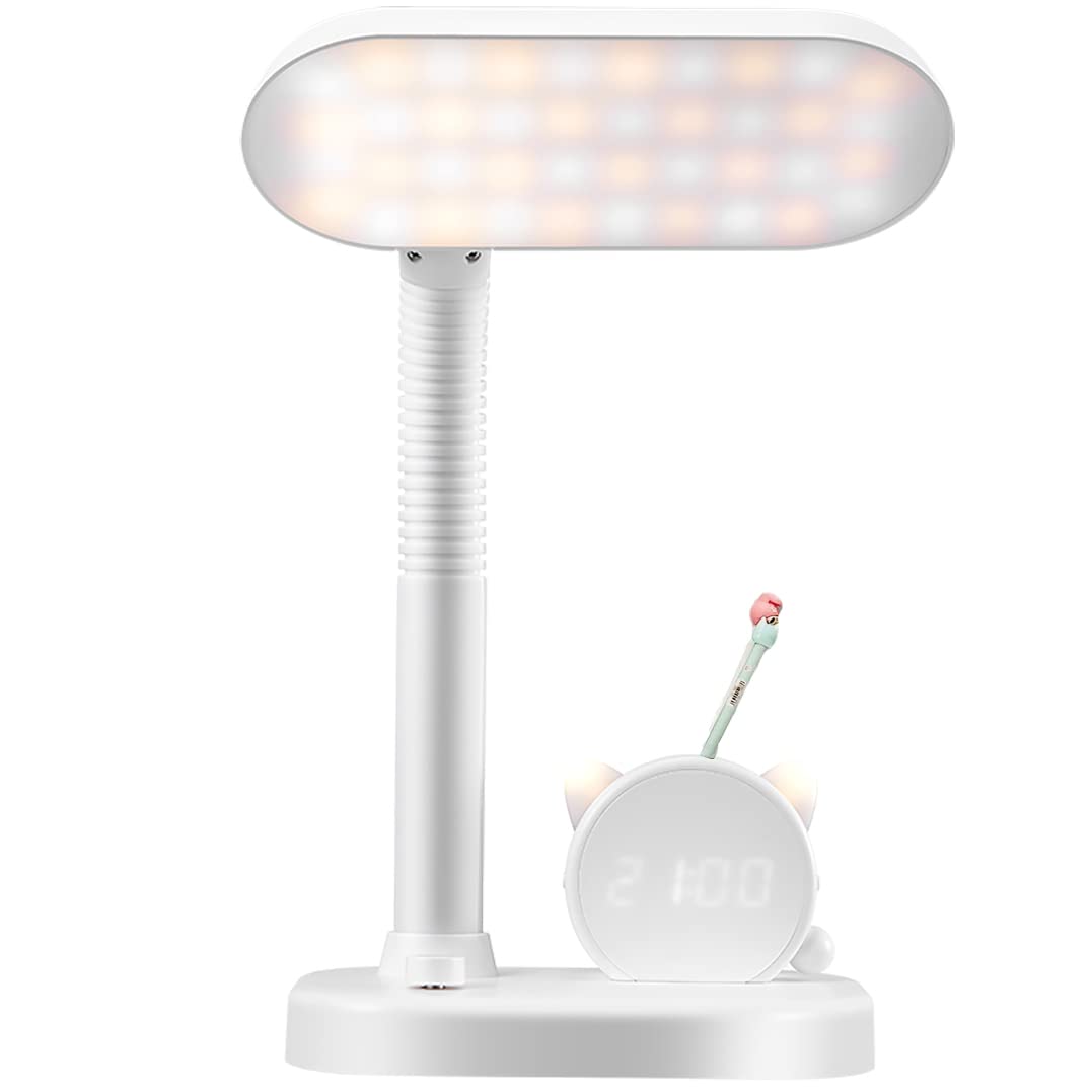 Yangers 4 in 1 Rechargeable Eye Caring LED Desk Lamp Kids Flexible Table Reading Light Dimmable Bedside Night Light with Pen Holder and Clock for Home Office Bedroom Study, (WH-C10)