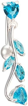 Butterme Elegant Leaf Design Dangle Belly Button Rings Body Piercing with Shining Cubic Zircon Gold Plated Sexy Navel Rings (Blue)
