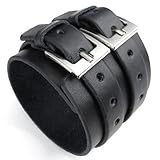KONOV Wide Genuine Leather Mens Bangle Cuff Bracelet, Punk Rock, Fits 7" to 8.5", Black
