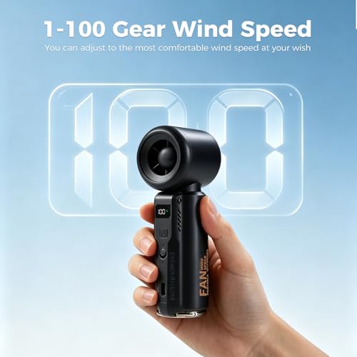 Gemmac Portable Rechargeable Turbo Fan 3000mAh USB C | 1-100 Speeds with LED Display Hook Rechargeable Battery Ventilo Handheld Woman Outdoor Travel Camping Office Home