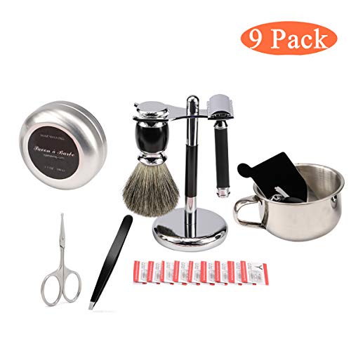 Wet Shaving & Grooming Set Shaving Gift Kit for Men - Safety Razor with 10 Replacement Blades,Chrome Stand,Shaving Brush,Bowl,Soap,Stainless Steel Mirror,Tweezers,Rounded Tip Nose Hair Scissors