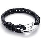 KONOV Black Leather Mens Bracelet Stainless Steel Clasp, Black Silver - 8