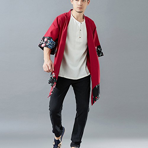 LZJN Men's Vintage Kimono Cardigan Cotton Linen Cloak Poncho Open Front Coat (Red, XL) - Thumbnail 5