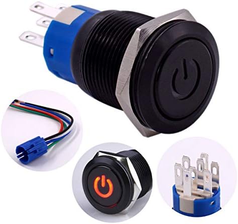 Latching Push Button Switch, URTONE UR197, 2NO2NC DPDT Black Metal Shell with 24V Power Symbol Red LED for 19mm 3/4" Mounting Hole, Include Socket