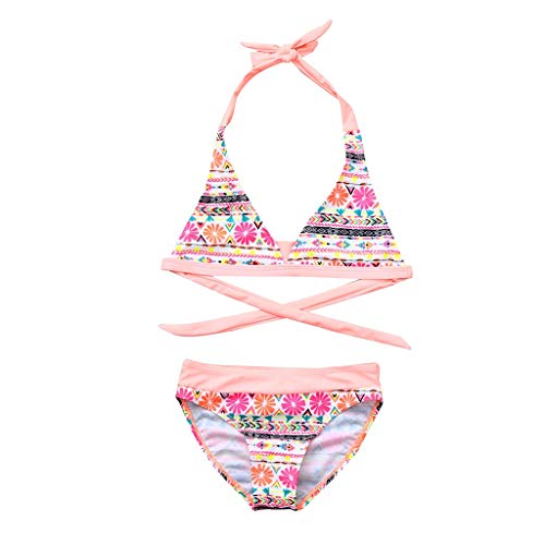 NUWFOR Children Girls Bikini Beach Flower Print Swimsuit+Shorts Swimwear Set Outfit(Pink,7-8 Years)
