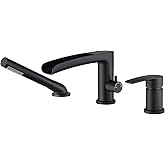 Wowkk Waterfall Roman Tub Faucet Black Deck Mount Bathtub Faucets Brass Tub Filler Bathroom Faucets with Hand Shower