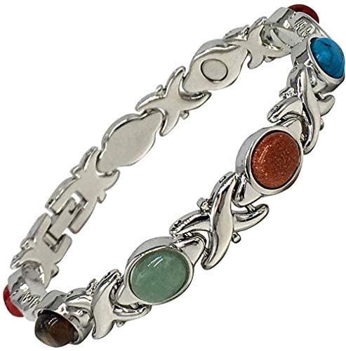 Helena Rose Ladies Magnetic Bracelet For Women - Semi-Precious Blue Red Green Gemstones - Fits Wrists Up Tp 7.5" Size Fully Adjustable - Plus Jewellery Gift Box