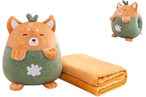 YUDONG 15" Kids Stuffed Animals Travel Blanket and Pillow Set,Cute Dog Plush Pillow with Hand Warmer Design,Perfect for Travel, Camping, Home and Office.