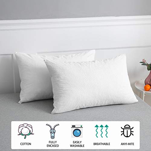 Bedecor Set of 2 Waterproof Cotton Pillowcases, Breathable, Anti-Mite, Pillow Cover with Zip, White (40 x 80 cm)