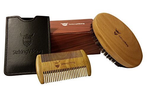 Wooden Boar Bristle Brush and Comb Set with Case from Striking Viking - Anti-Static Wood Pocket Comb with Fine & Coarse Teeth Plus Firm Boar Bristle Brush