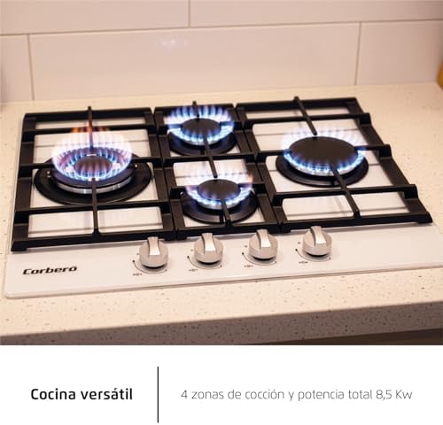 Corberó - Placa Gas Cristal LUX | CPCGM4F4126W | 4 Zonas | Potencia 8.05kW | Autoencendido | Zona WOK | Capa protección Clean + | Desconexión Automática | Cristal Blanco