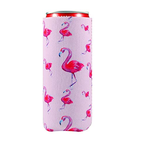 Creatyi 2 PCS Colourful Neoprene Beer Cooler Beer Coolies Beer Holders Perfect for 12oz Slim Drink Beer Cans (Pink Bottom Flamingo + Blue Bottom Flamingo)