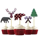 30-Pack Lumberjack Cupcake Toppers, Buffalo Plaid Baby Bear Tree Cupcake Topper for Campfire Lumberjack Party Supplies Baby Shower Dcoration.