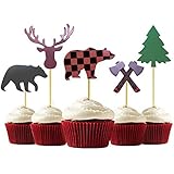 30-Pack Lumberjack Cupcake Toppers, Buffalo Plaid Baby Bear Tree Cupcake Topper for Campfire Lumberjack Party Supplies Baby Shower Dcoration.