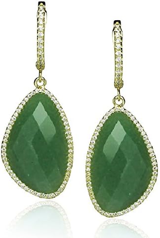 Green Jade Tear Drop Lab Created Stone With CZ Border, Gold Plated 925 Sterling Silver Dangle Earrings, By Piers Design