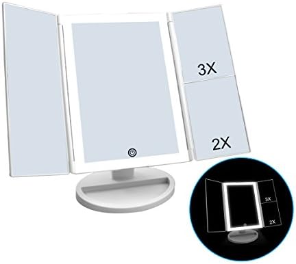 (Gift) Lighted Vanity Makeup Mirror Tri-Fold Led Mirror with Touch Screen, 3X/2X/1X Magnification and Dual Power Supply Mode, 180 Degree Adjustable Stand for Countertop Bathroom Travel Cosmetic