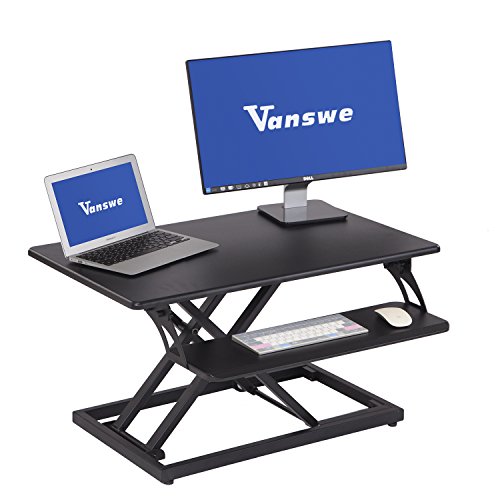 Height Adjustable Standing Desk, 32" Sit to Stand Gas Spring Riser Tabletop Workstation, Fits Dual Monitor with Keyboard Tray by Vanswe (black)