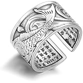 Vintage Silver Lucky Koi Fish Ring - Adjustable Feng Shui Tibetan Buddhist Heart Sutra Ring for Women Men, Protection Wealth Lucky Amulet Jewelry, Meditation Rings