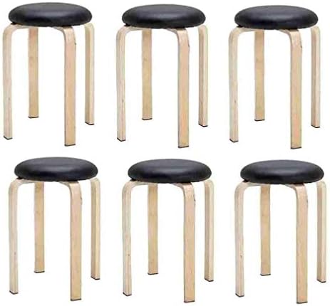 Stool Wood Stackable Home Living Room Dining Table Stool Faux Leather Padded,Easy To Clean And Non-slip,Pack Of 6 Lightweight furniture (Color : Khaki)