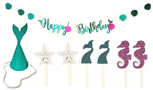 3 in 1 Birthday Decoration Kit, 1pcs Banner And1pcs The Sparkling Blue Mermaid Headband,6pcs Mermaid Theme Glitter Cupcake Topper Cake- Party Decorations Birthday Kids
