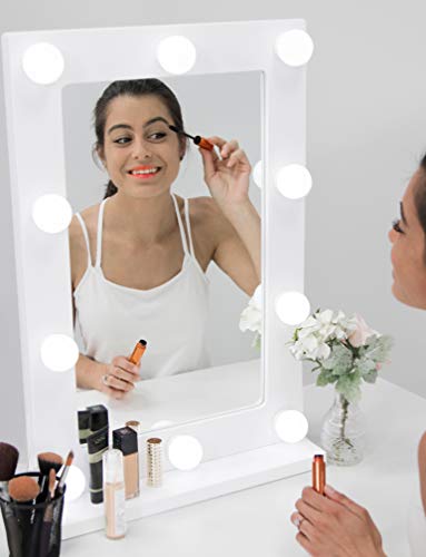 Waneway Vanity Mirror with Lights, Hollywood Lighted Makeup Mirror with 10 Dimmable LED Bulbs for Dressing Room & Bedroom, Tabletop or Wall-Mounted, Slim Wooden Frame Design, White - Thumbnail 4