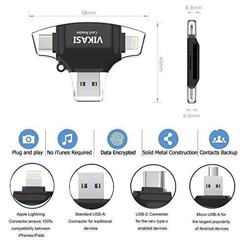 VIKASI SD Card Reader,Memory Micro SD Card Reader USB Type C Adapter Viewer Compatible with iPhone iPad Android Mac - with Lightning Micro USB Type C 4 in 1 (Black) - Thumbnail 5