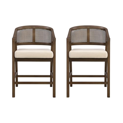 Merax Rattan Counter Height Bar Stools Set of 2, Wooden Frame Bar Chairs with Natural Rattan Woven Back, Modern Kitchen Island Chairs, Footrest for Kitchen, Dining Room, Beige/Walnut