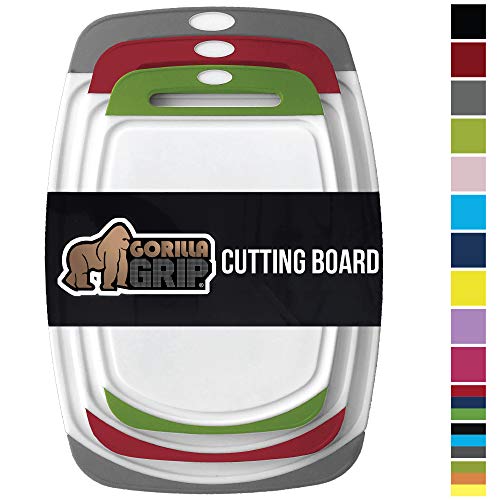 Gorilla Grip Original Oversized Cutting Board, 3 Piece, BPA Free, Dishwasher Safe, Juice Grooves, Larger Thicker Boards, Easy Grip Handle, Non Porous, Extra Large, Set of 3, Gray, Red, Green