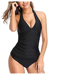 Holipick traje de baño de dos piezas para dama sexy profundo cuello en V halter fruncido tankini conjuntos