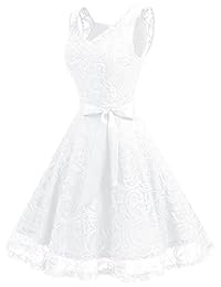 Dressystar Vestido de fiesta para dama de honor con encaje floral, vestido corto de fiesta con cuello en V