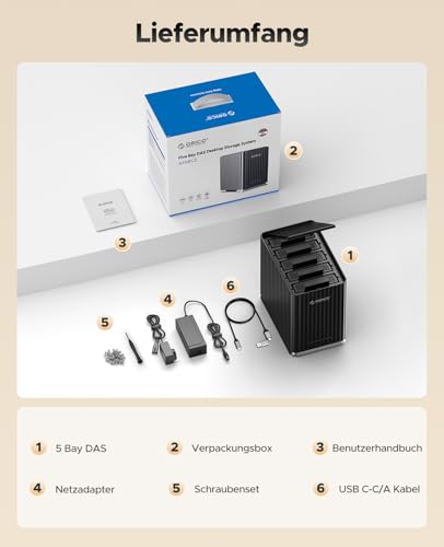 Caja Externa para 5 Discos Duros, USB 3.1 Type-C Sin Herramientas, Carcasa Das con Adaptador de 12V/10A, Máx. 110TB para Datos Domésticos - 9758C3