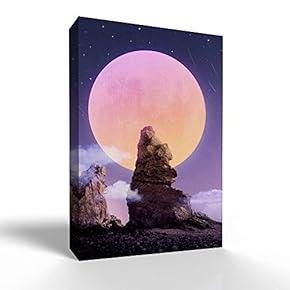 Canvas Wall Art - Galaxy Colorful Super Big Blue Moon for Living Room - Modern Home Art Stretched and Framed Ready to Hang - 12x18 inches