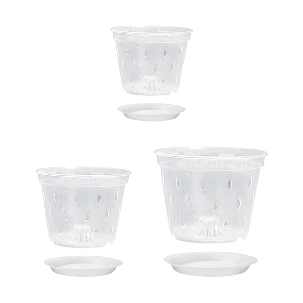 JIHUOO 3 Pcs Plastic Orchid Pots Clear Flower Pots Orchid Nursery Planters Breathable Planter Pots Transparent Plant Pots with Drainage Holes and Saucers 10cm 12cm and 15cm
