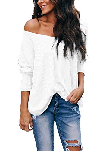Albe Rita Women's Casual V-Neck Batwing Sleeve Pullover Tops,White,L