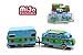 NEW 1:64 GREENLIGHT HITCH & TOW CLUB V-DUB COLLECTION - GREEN BLUE VOLKSWAGEN SAMBA BUS & 1959 SIESTA TRAVEL TRAILER Diecast Model Car By Greenlight