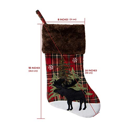 GMOEGEFT Farmhouse Christmas Stocking, Red and Black Buffalo Plaid, Black Moose in Snowfield Pattern Xmas Socks, Holiday Party Decorations Fireplace Hanging Ornaments