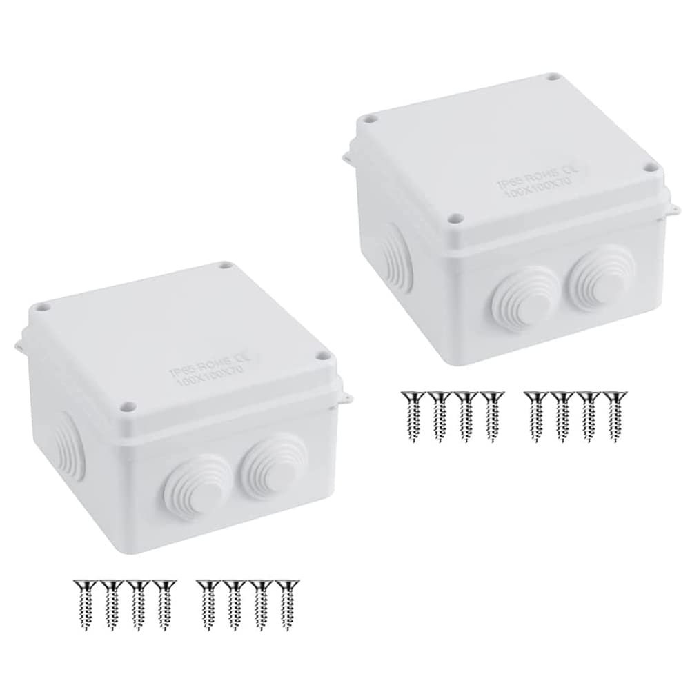2 x IP65 Junction Boxes, ABS Plastic Outdoor External Electrical Enclosure Box, Universal Weatherproof Surface Mounted CCTV Junction Boxes (100x100x70mm) – AVARTEK (White)