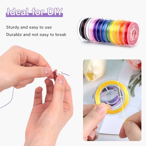 VGOODALL 12 Rolls Flat Elastic String Cord, Multicolor Knot Elastic String with U Scissors for Jewelry Making Bracelet Making