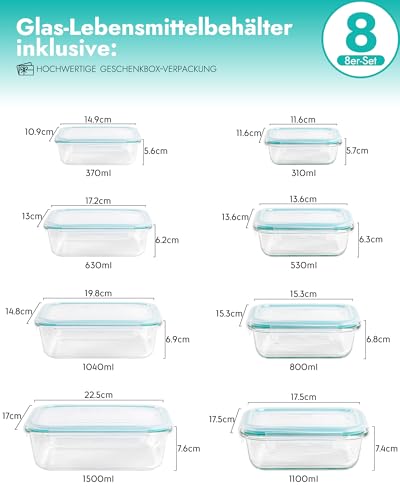 BOROHOUSE Glass Food Storage Containers, Set of 8 - Storage Containers, Oven Safe (-20°C to 510°C), Airtight Seal, Stackable, Gift Packaging