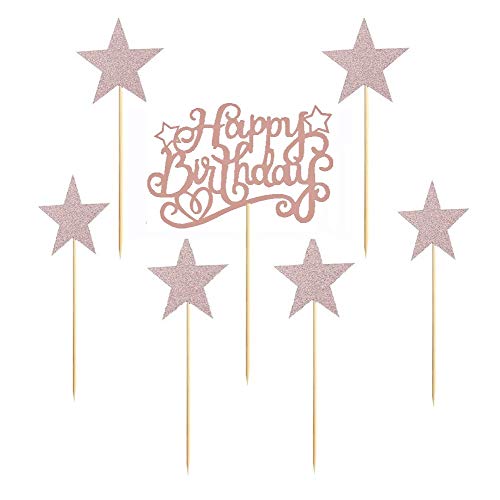 7 Pack Glittery Rose Gold Happy Birthday Cake Topper, Bling 1st First 11th 13th 16th 21st 30th 40th 50th 60th 70th 80th 90th 100th Birthday Cupcake Decoration