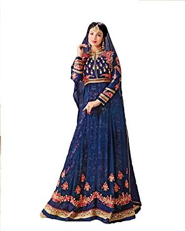 Monika Silk Mill Women's Latest Blue Color Georgette Embroidered with Printed Inner Traditional Wedding Collection Gown Style Anarkali Salwar Suit Dress materials
