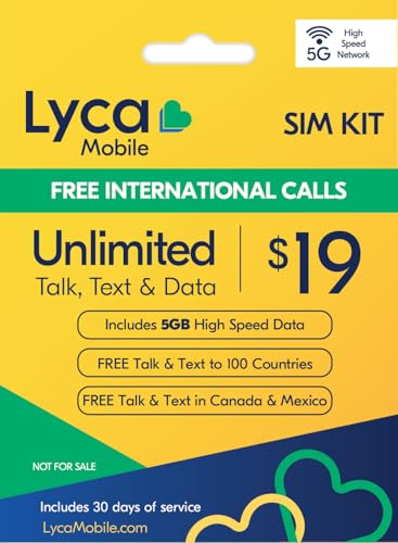 Lyca Mobile USA Prepaid 5G/4G SIM Card | $19 Plan | Unlimited Talk, Text & Data | 5GB High Speed Data (5GB Hotspot) | 30 Days
