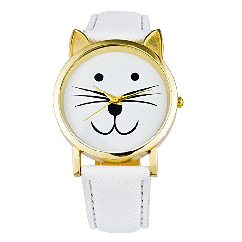 Souarts White Strap Cat Pattern Dial Artificial Leather Quartz Round Watch
