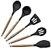 Hearth and Home Goods 5-Piece Cooking Utensils - Silicone with Beech Wood Handle - Includes Slotted and Solid Spoons, Spatula, Turner and Ladle, Dark Gray