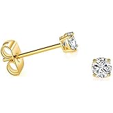 Solid 14k Yellow Gold Solitaire Round Cubic Zirconia CZ Stud Earrings with 14k Gold Butterfly Push Backings