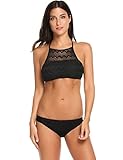 Ekouaer Bikini Sets Womens 2 PC Mesh Crochet Swimsuits High Neck Bathing Suits S-XXL