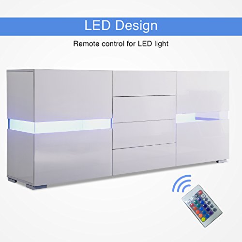 LED Sideboard Kitchen Buffet Storage Cabinet High Gloss TV Stand Server Console Table with 2 Doors & 4 Drawers,White - Thumbnail 3